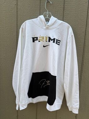 Nike White Hoodie with Black Pocket and Gold Accents XL